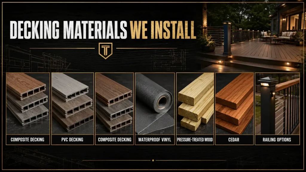 Composite, PVC, waterproof vinyl, pressure-treated wood, cedar decking, and railing material options