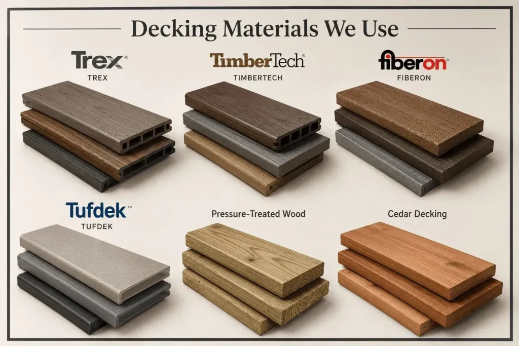 Decking material samples available for custom deck construction in Indianapolis, IN