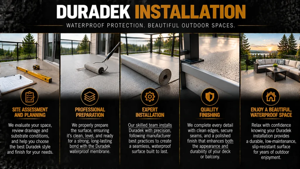 Duradek installation with site assessment, professional preparation, expert membrane installation, quality finishing, and a waterproof outdoor deck surface