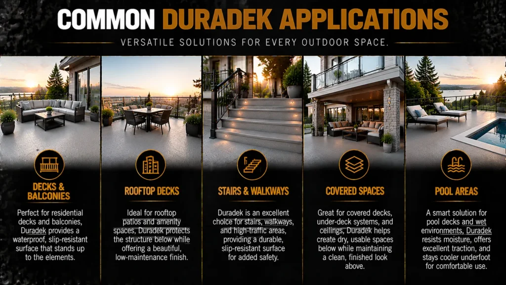 Common Duradek applications for decks, balconies, rooftop decks, stairs, walkways, covered spaces, and pool areas