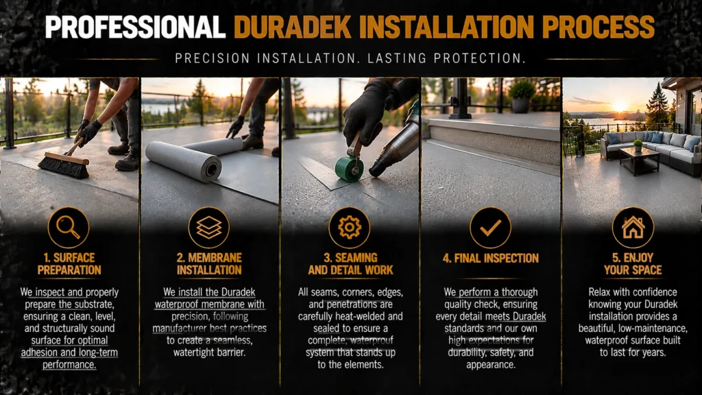 Professional Duradek installation process with surface preparation, waterproof membrane installation, seam detailing, final inspection, and completed deck