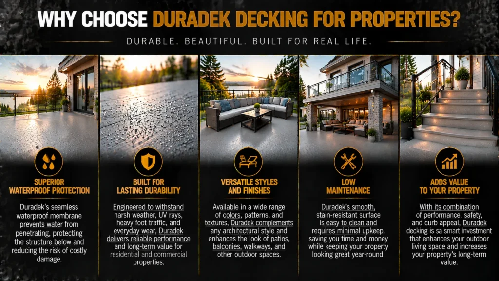 Why choose Duradek decking for properties with superior waterproof protection, lasting durability, versatile finishes, low maintenance, and added property value