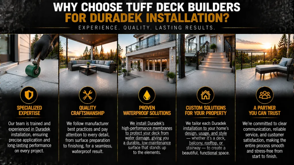 Why choose Tuff Deck Builders for Duradek installation with specialized expertise, quality craftsmanship, proven waterproof solutions, custom designs, and reliable service