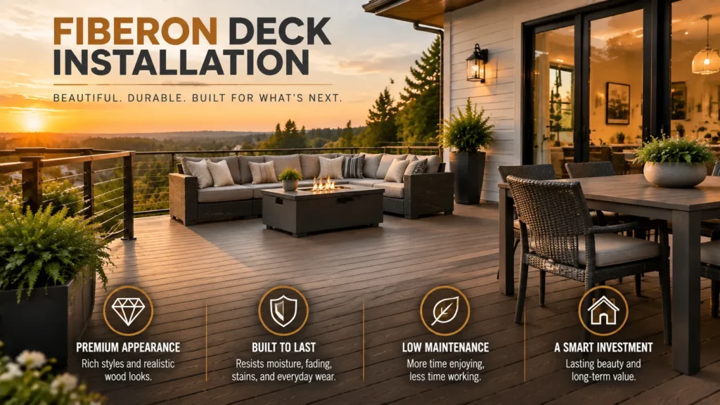 Fiberon deck installation featuring premium appearance, long-lasting durability, low maintenance, and lasting outdoor value