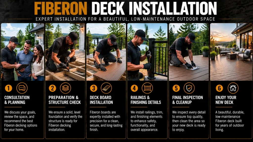 Fiberon deck installation process from consultation and structural preparation to board installation, railings, inspection, and completed deck