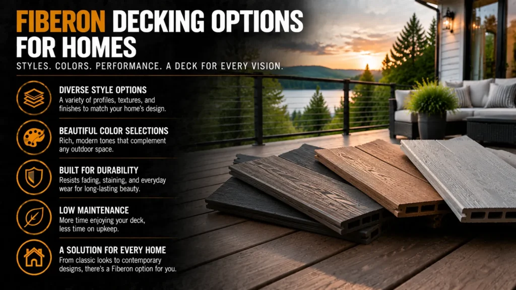 Fiberon decking options for homes with diverse styles, color selections, durable finishes, and low-maintenance composite boards