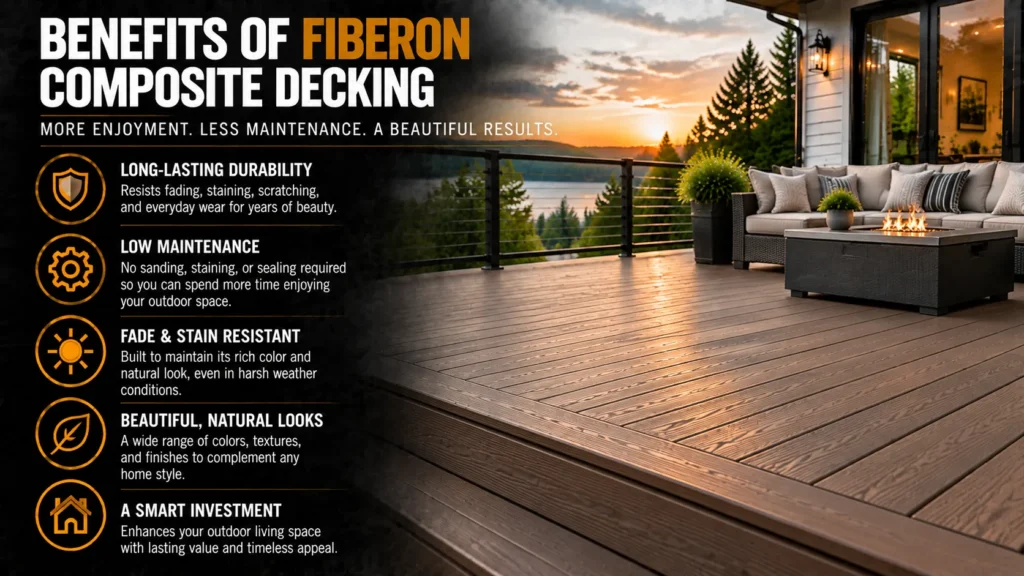 Benefits of Fiberon composite decking including long-lasting durability, low maintenance, fade and stain resistance, and natural wood looks