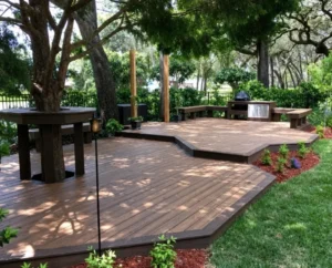 Multi-level floating deck built in a landscaped Indianapolis backyard
