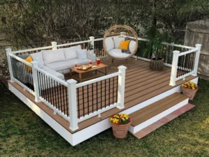Ground-level brown deck with white posts, black balusters, and outdoor seating in Indianapolis