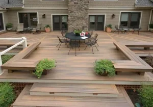 Large multi-level floating deck with built-in benches and dining area in Indianapolis