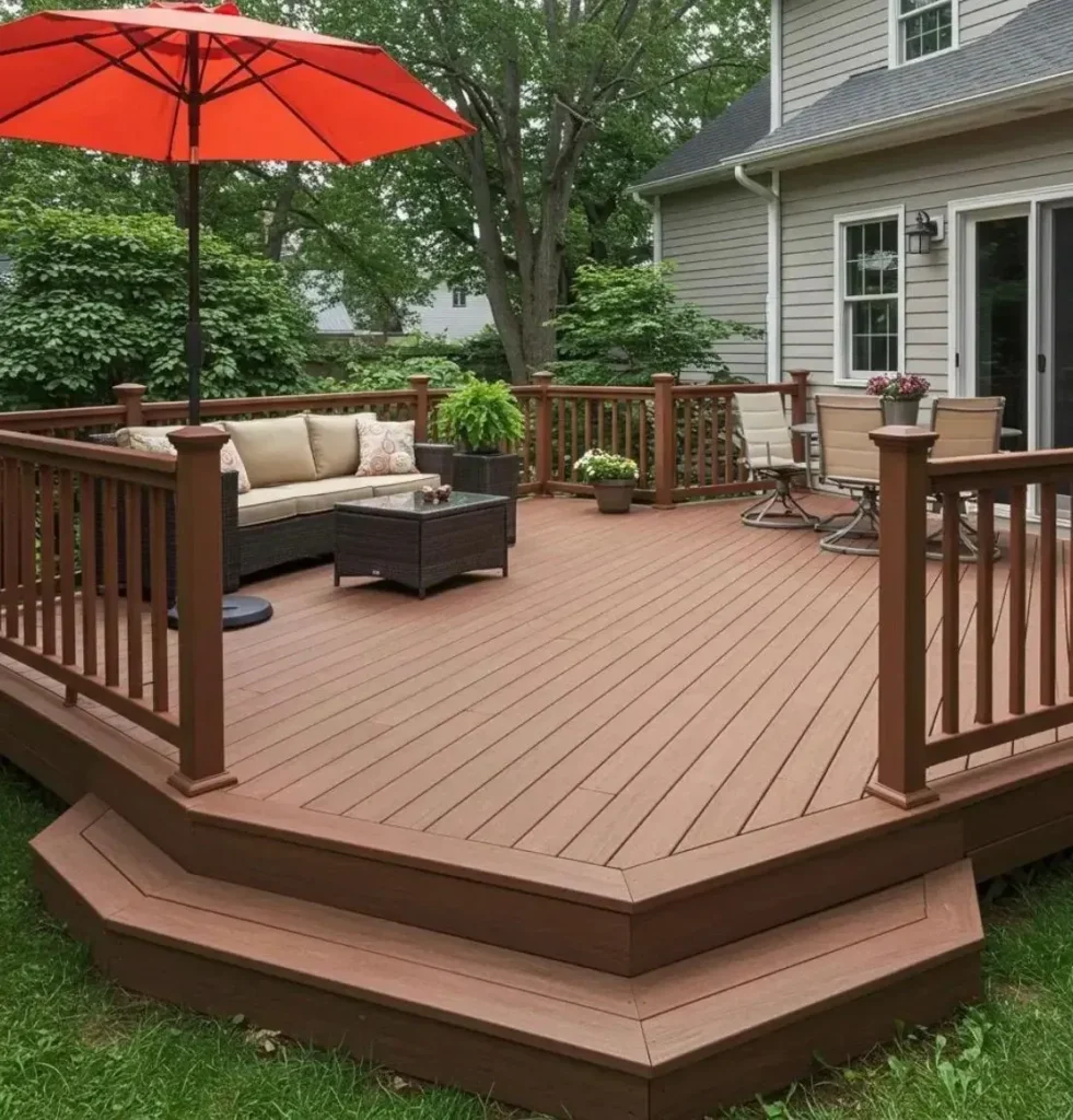 Ground-level wood deck with outdoor seating and red umbrella in Indianapolis