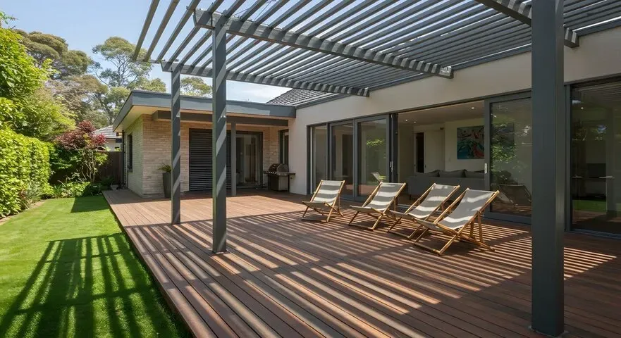 Elevated floating deck with composite boards and black metal railings in Indianapolis backyard