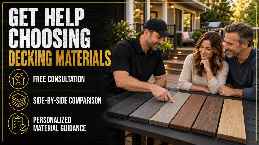 Deck contractor helping homeowners compare gray and brown decking material samples beside a finished backyard deck