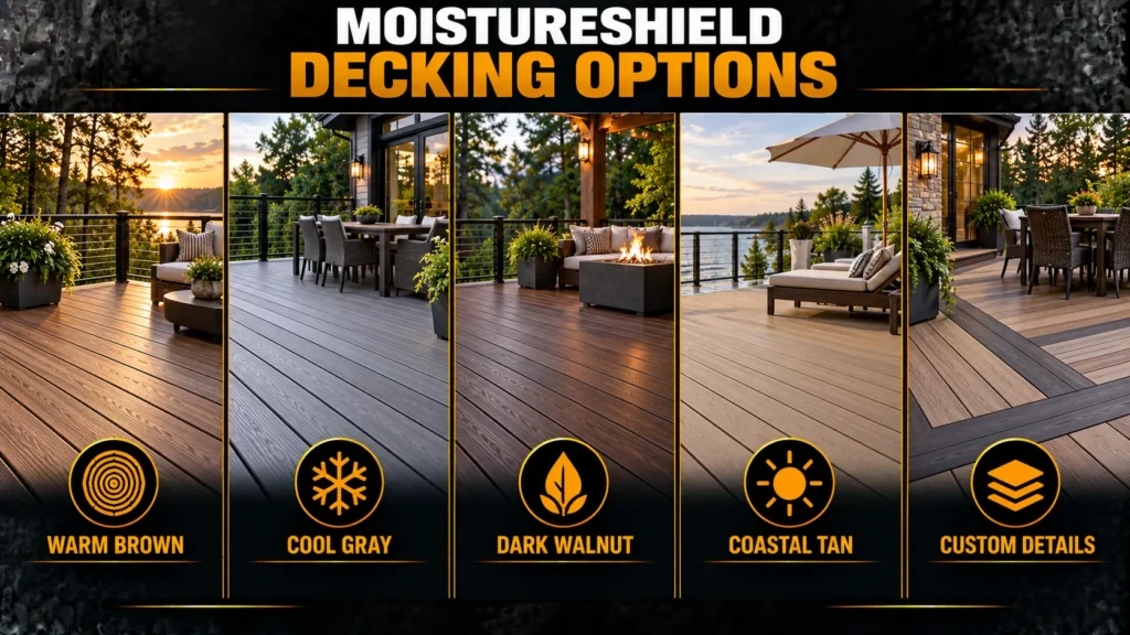 MoistureShield decking options in warm brown, cool gray, dark walnut, coastal tan, and custom detail styles