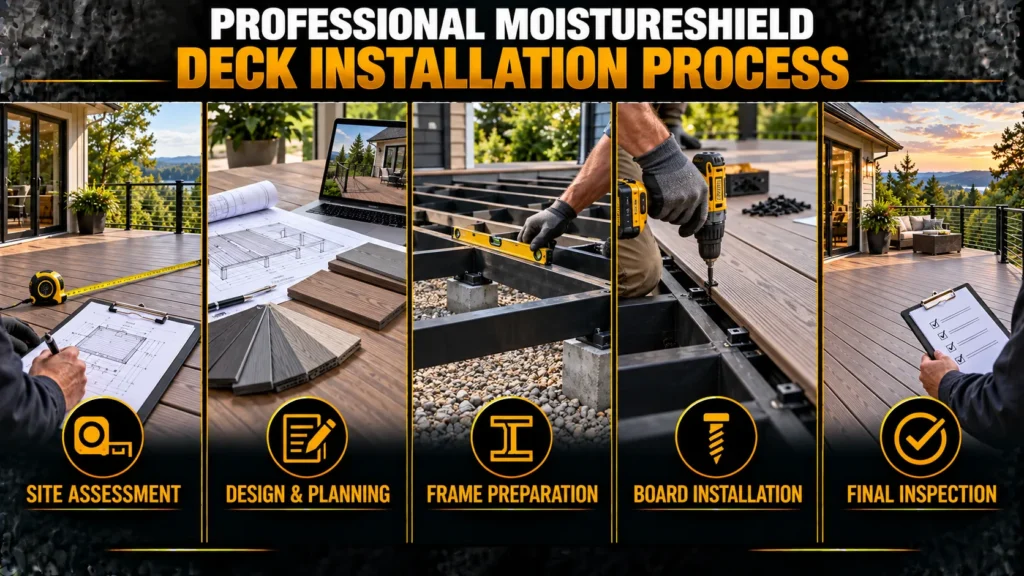 Professional MoistureShield deck installation process including site assessment, design and planning, frame preparation, board installation, and final inspection