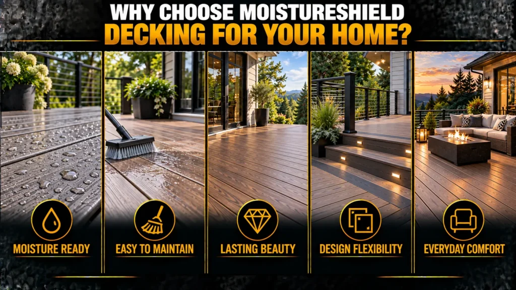Composite decking designed for weather conditions including UV exposure, heavy rain, freeze and snow, humidity, and seasonal durability