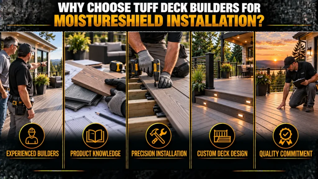 Why choose Tuff Deck Builders for MoistureShield installation with experienced builders, product knowledge, precision installation, custom deck design, and quality commitment