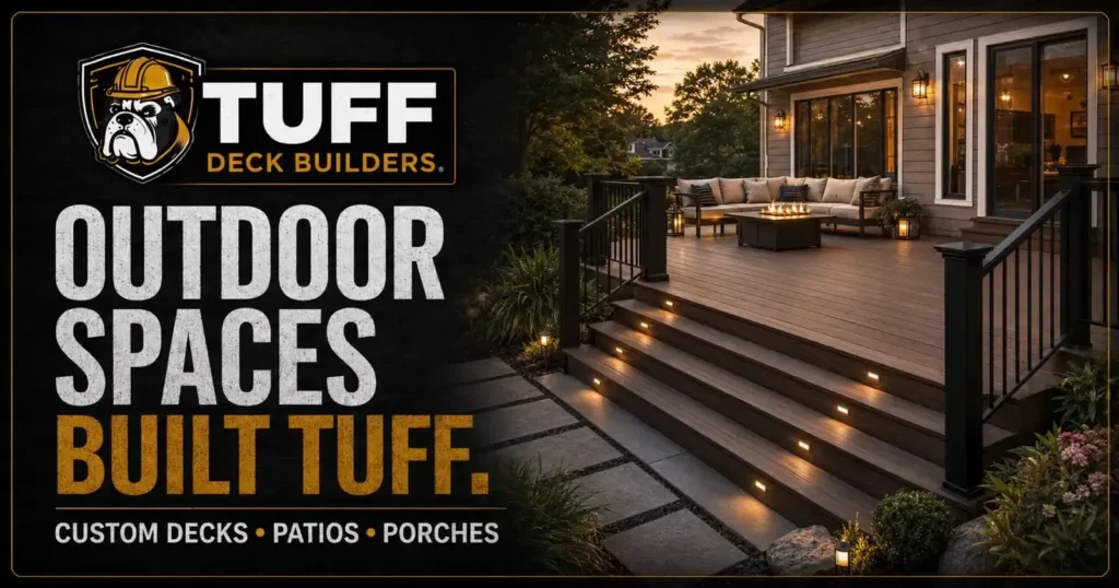 Custom outdoor living space with an illuminated deck, stairs, and fire pit in Indianapolis