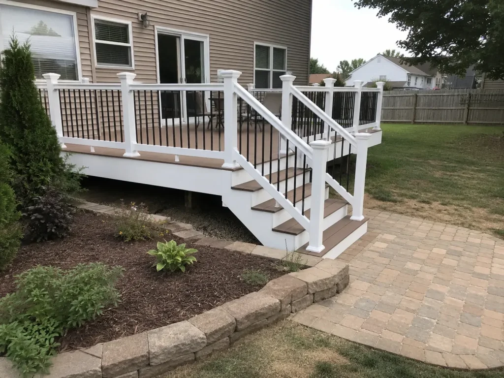 Composite backyard deck with white posts, black railings, and stairs in Indianapolis, IN