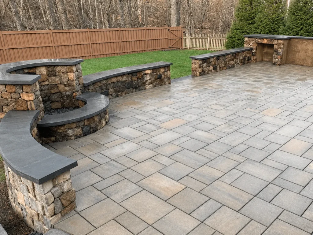 Large paver patio with curved stone seating walls in an Indianapolis backyard