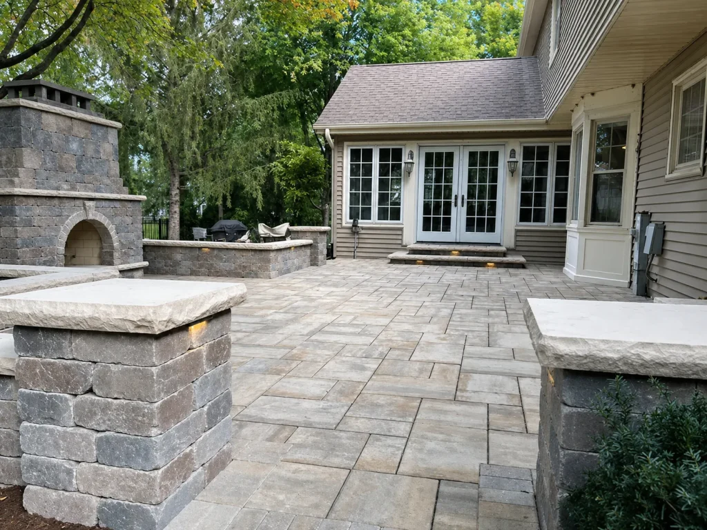 Custom paver patio with outdoor fireplace and stone seating walls in Indianapolis