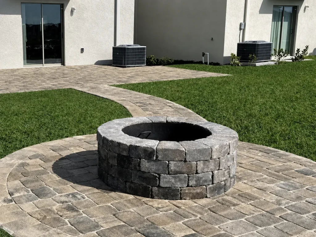 Circular stone fire pit connected to a paver walkway at an Indianapolis home