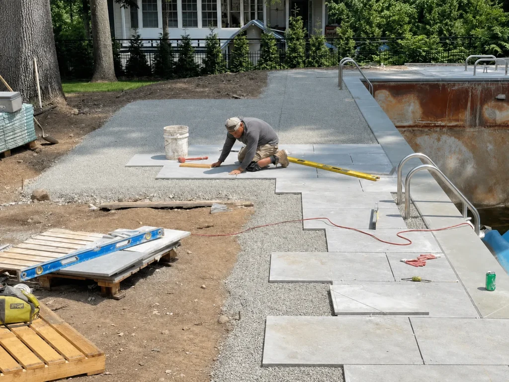 Contractor installing large pavers around a backyard swimming pool in Indianapolis