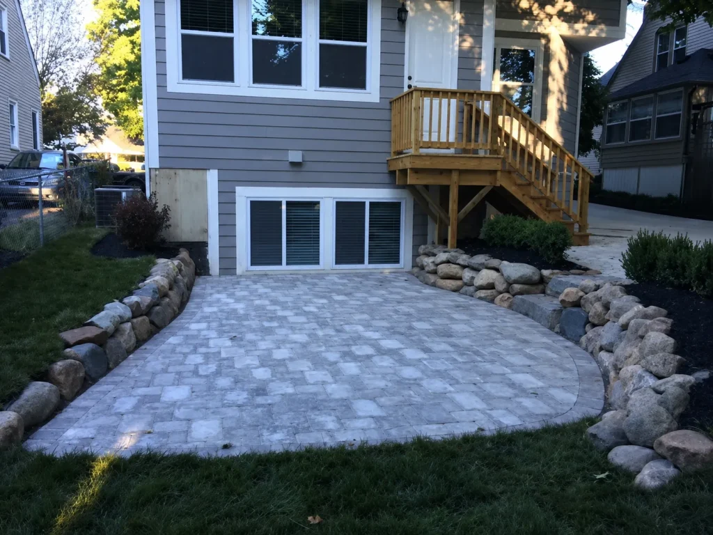 Completed paver patio with curved stone borders and wood entry stairs in Indianapolis