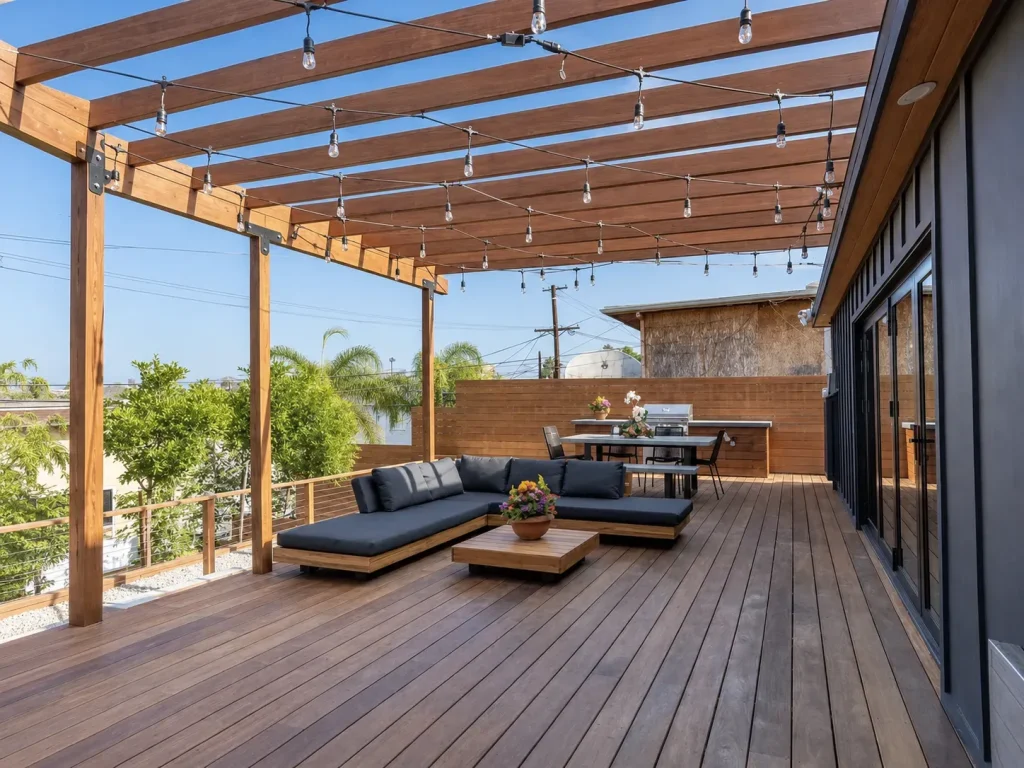 Spacious outdoor deck with an open wood pergola, string lights, and seating in Indianapolis