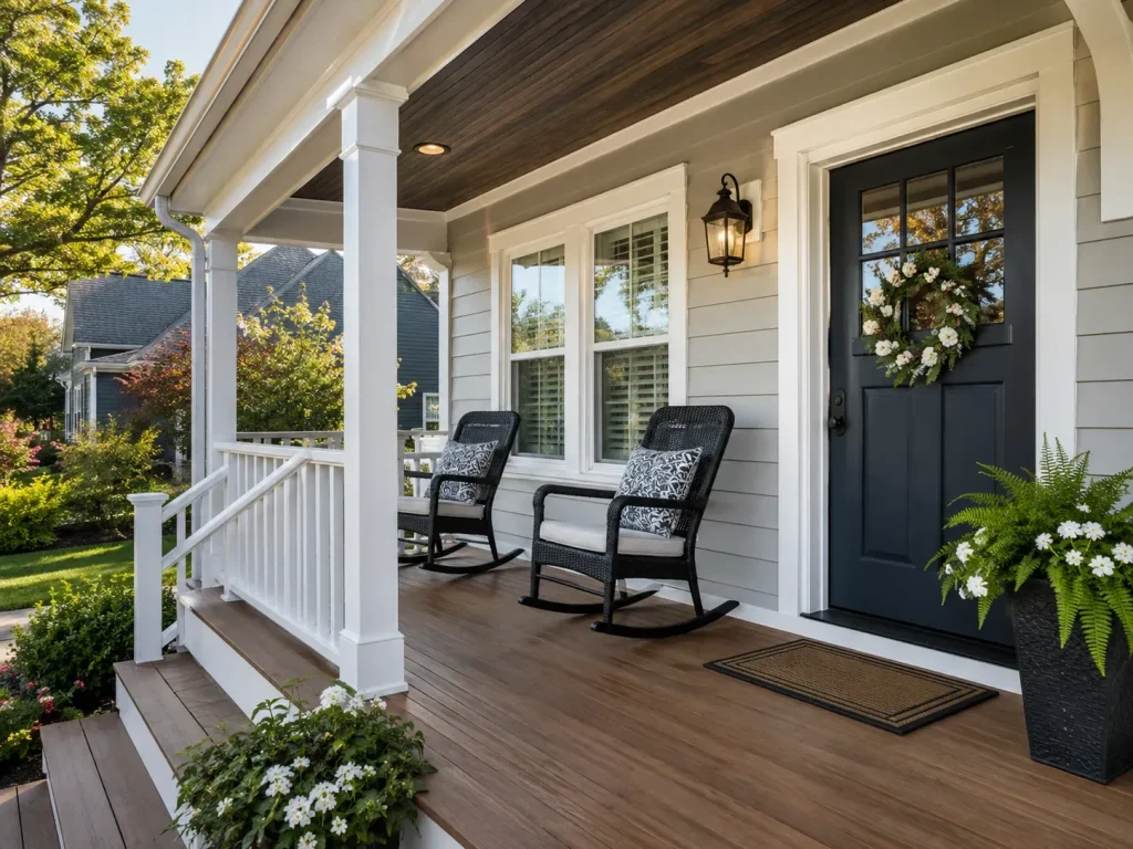 Covered front porch with white columns, brown decking, and rocking chairs in Indianapolis