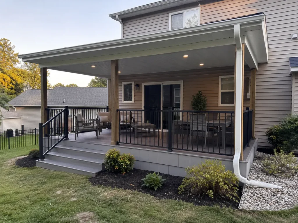 Covered backyard porch with gray decking, black railings, and outdoor seating in Indianapolis