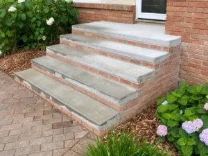 Concrete-topped brick entry steps surrounded by landscaping in Indianapolis