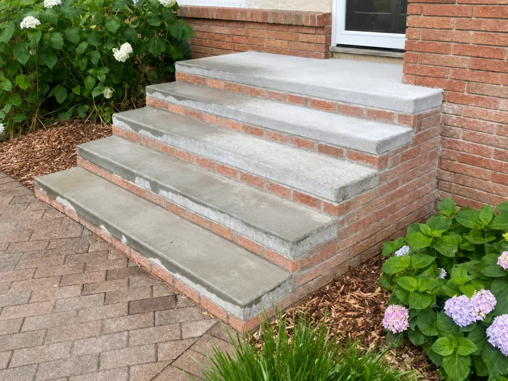 Concrete-topped brick entry steps surrounded by landscaping in Indianapolis