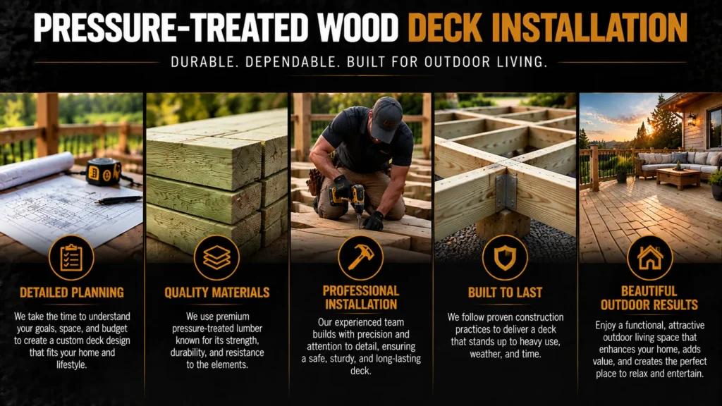 Pressure-treated wood deck installation with detailed planning, quality materials, professional installation, durable construction, and finished outdoor living space