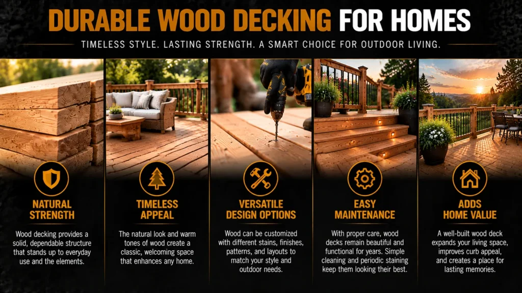 Durable wood decking for homes with natural strength, timeless appeal, versatile design options, easy maintenance, and added home value
