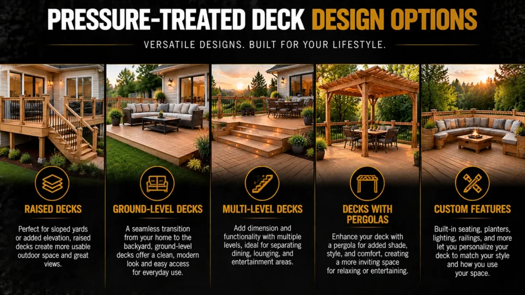 Pressure-treated deck design options including raised decks, ground-level decks, multi-level decks, pergolas, and custom features