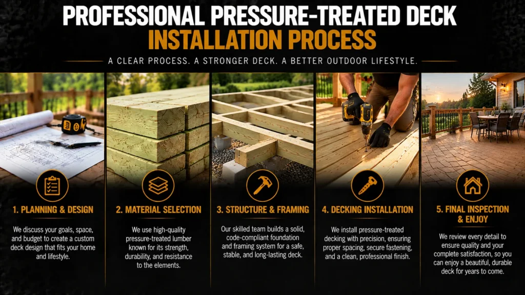 Professional pressure-treated deck installation process covering planning, material selection, framing, decking installation, and final inspection
