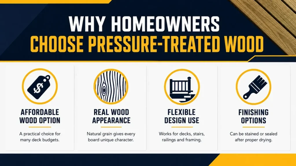 Why homeowners choose pressure-treated wood for affordable pricing, real wood appearance, flexible design use, and finishing options