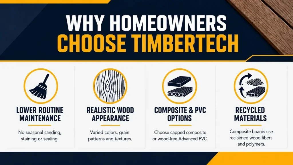 Why homeowners choose TimberTech decking with lower routine maintenance, realistic wood appearance, composite and PVC options, and recycled materials