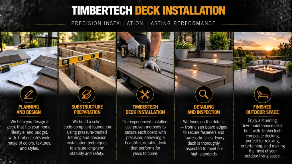 TimberTech deck installation process with planning and design, substructure preparation, deck board installation, detailing and inspection, and finished outdoor space