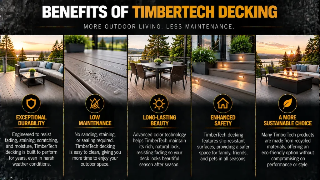 Benefits of TimberTech decking including exceptional durability, low maintenance, long-lasting beauty, enhanced safety, and sustainable materials