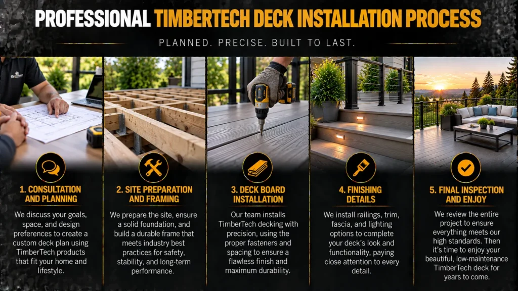Professional TimberTech deck installation process with consultation and planning, site preparation and framing, deck board installation, finishing details, and final inspection