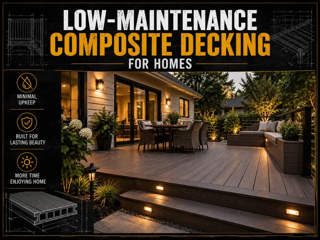 Trex composite deck with wood-look decking boards, railing and finished outdoor living area