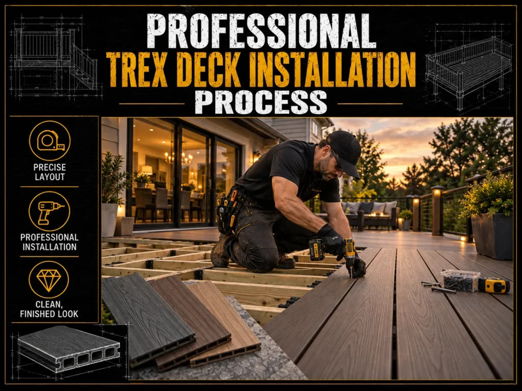 Trex deck installation planning with homeowner reviewing composite decking samples, layout and material options