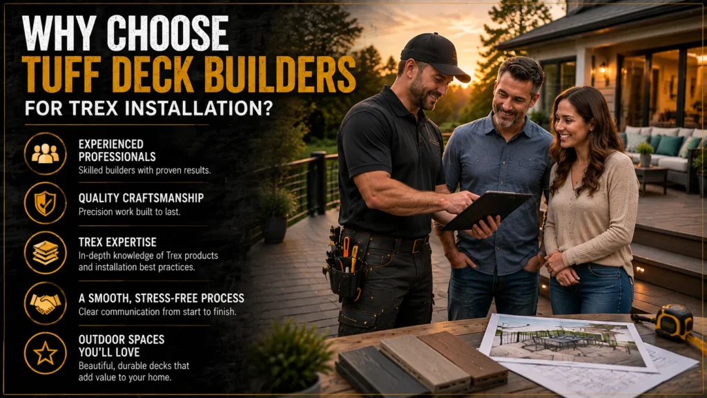 Homeowner planning a Trex composite deck with decking samples, design notes and material selections