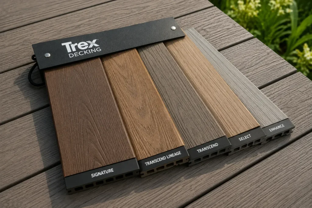 Trex decking collection samples showing multiple composite colors, woodgrain patterns and finish options