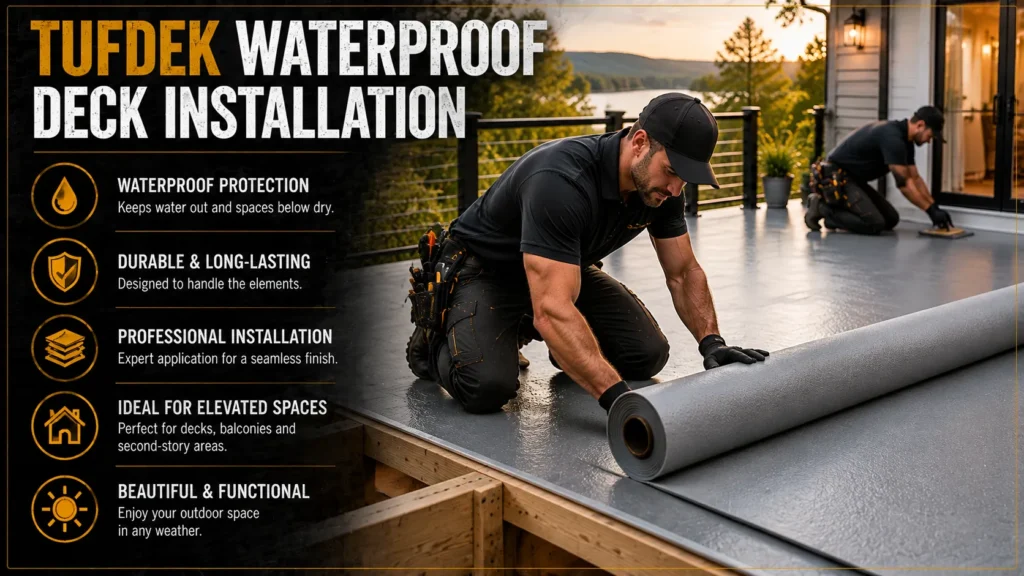 Contractors installing gray Tufdek waterproof vinyl membrane on an elevated residential deck