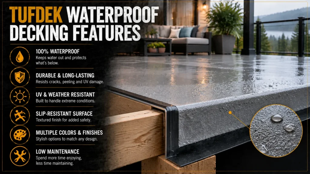 Tufdek waterproof decking features with wet gray deck surface showing water resistance and textured finish