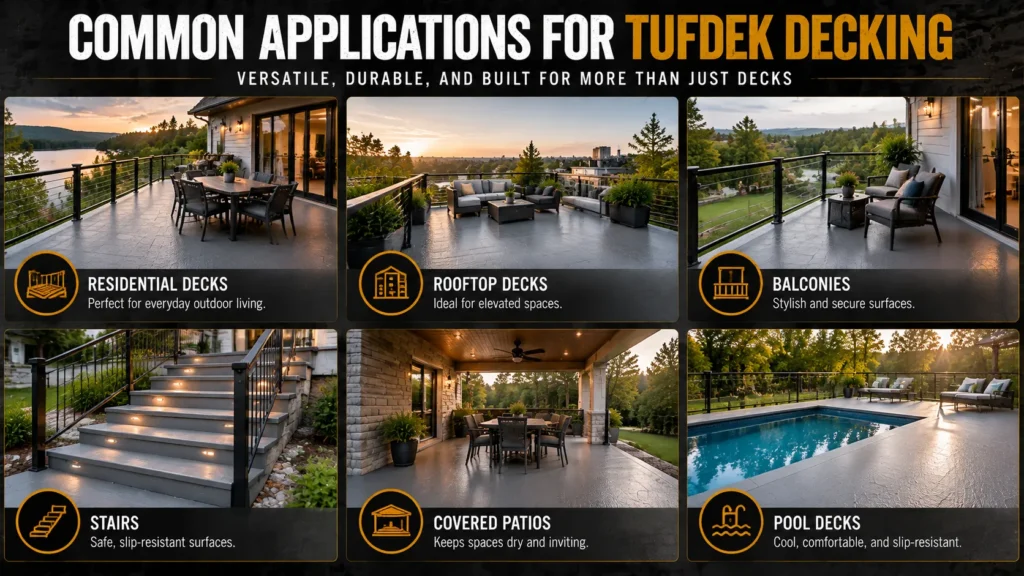 Tufdek waterproof decking applications including residential decks, rooftop decks, balconies, stairs, patios and pool decks
