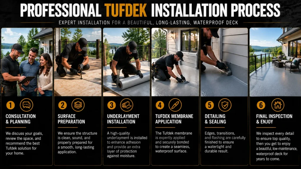 Tufdek installation process showing deck surface preparation, membrane application, sealing and final inspection